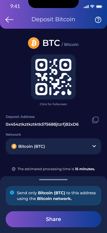 CryptoUnity app — receive your crypto to your deposit address