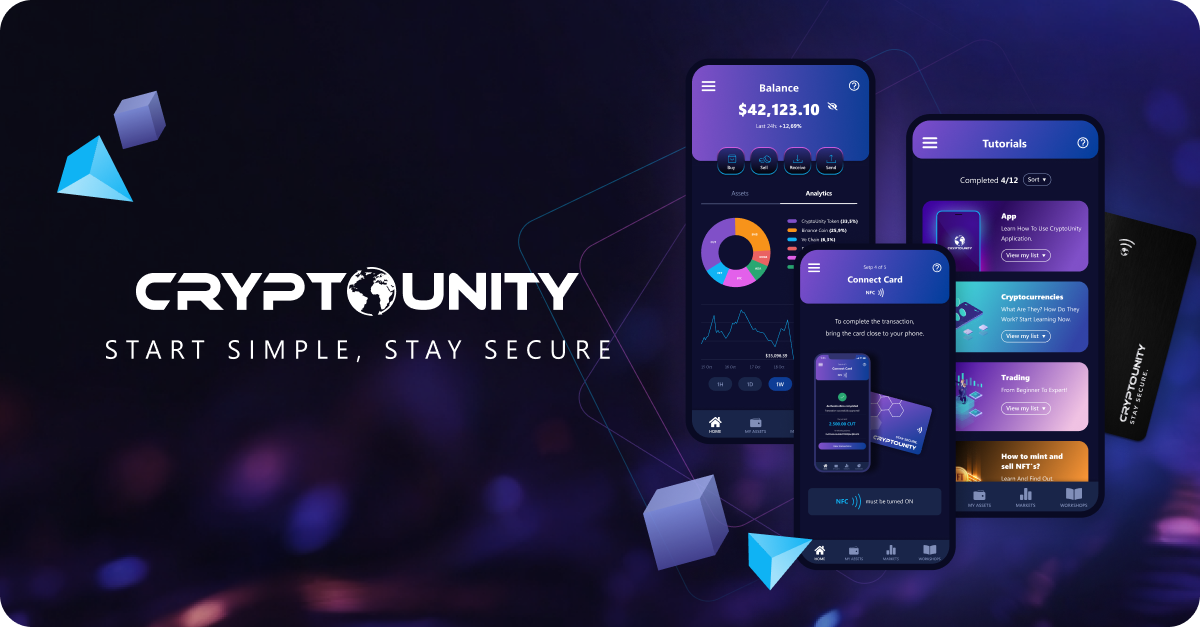 The CryptoUnity app on a phone: portfolio balance, tutorials, and card payments