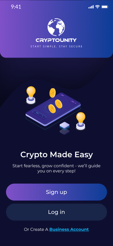 CryptoUnity welcome screen — sign up or log in