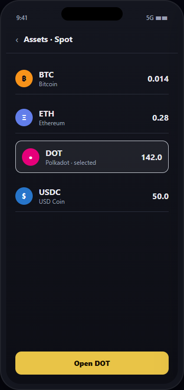 Binance app Spot assets list with a coin selected