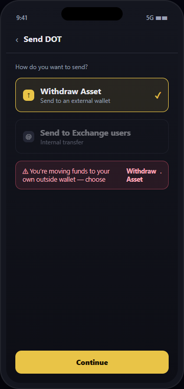 Binance send screen with the Withdraw Asset option highlighted