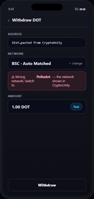 Binance withdraw screen showing an auto-matched network that needs changing