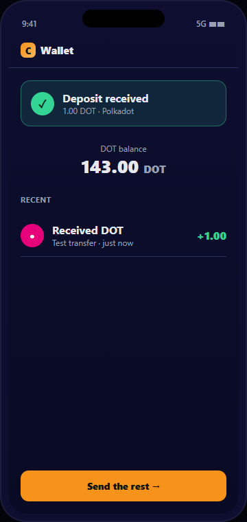 CryptoUnity wallet showing an incoming test deposit received